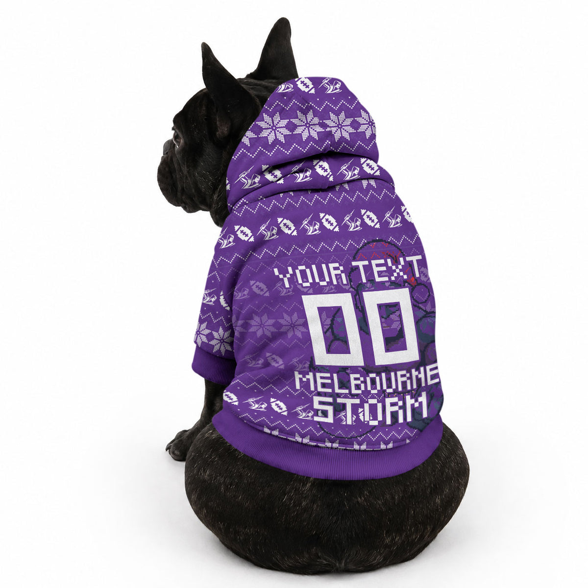 Personalized Melbourne Storm Christmas Pet Hoodie Australian Rugby Fans - Pixelated Ugly Xmas Pattern Mascot Santa