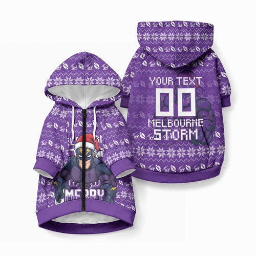 Personalized Melbourne Storm Christmas Pet Hoodie Australian Rugby Fans - Pixelated Ugly Xmas Pattern Mascot Santa