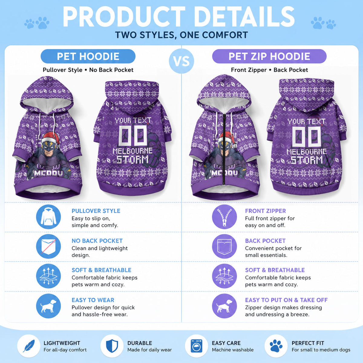 Personalized Melbourne Storm Christmas Pet Hoodie Australian Rugby Fans - Pixelated Ugly Xmas Pattern Mascot Santa