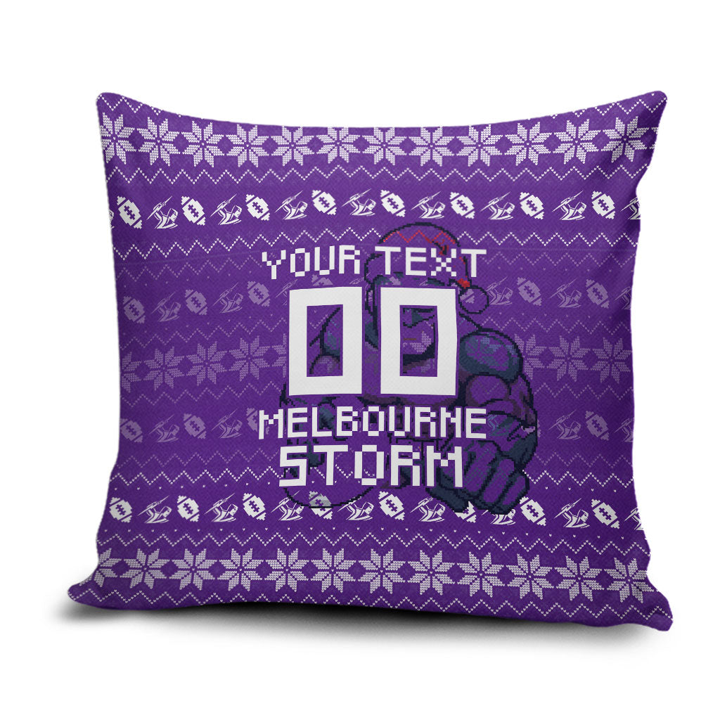 Personalized Melbourne Storm Christmas Pillow Cover Australian Rugby Fans - Pixelated Ugly Xmas Pattern Mascot Santa