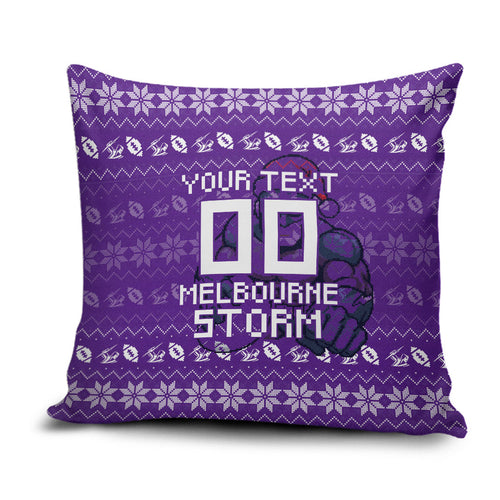 Personalized Melbourne Storm Christmas Pillow Cover Australian Rugby Fans - Pixelated Ugly Xmas Pattern Mascot Santa