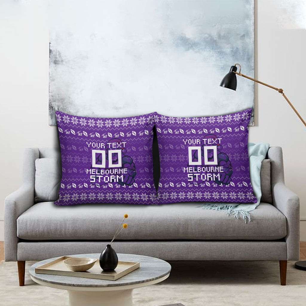 Personalized Melbourne Storm Christmas Pillow Cover Australian Rugby Fans - Pixelated Ugly Xmas Pattern Mascot Santa