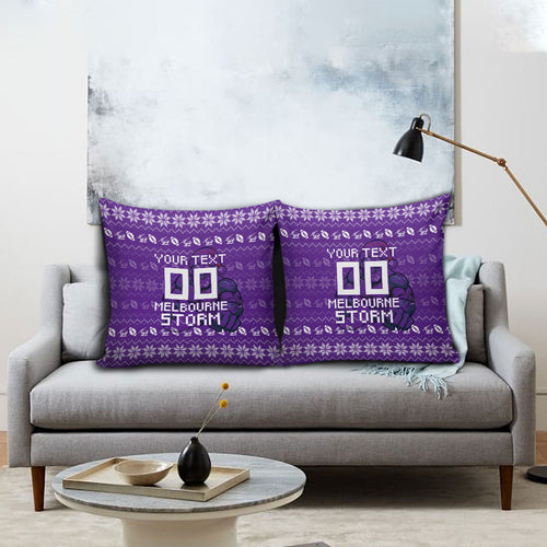 Personalized Melbourne Storm Christmas Pillow Cover Australian Rugby Fans - Pixelated Ugly Xmas Pattern Mascot Santa