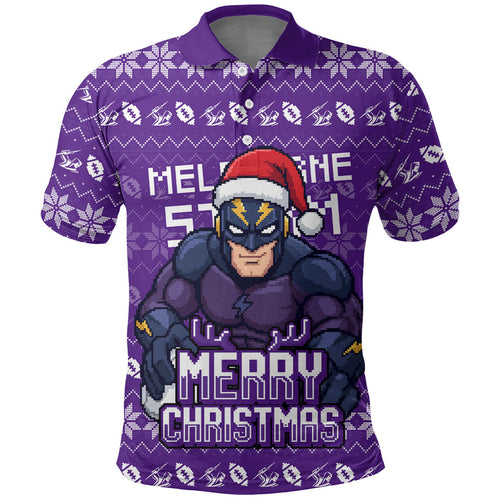 Personalized Melbourne Storm Christmas Polo Shirt Australian Rugby Fans - Pixelated Ugly Xmas Pattern Mascot Santa