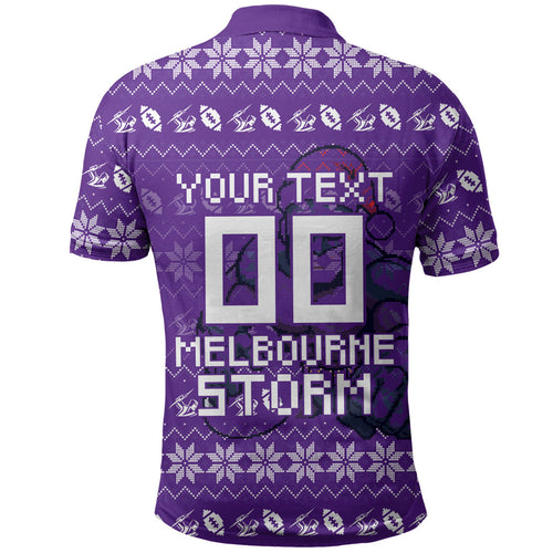 Personalized Melbourne Storm Christmas Polo Shirt Australian Rugby Fans - Pixelated Ugly Xmas Pattern Mascot Santa