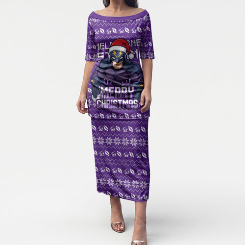 Personalized Melbourne Storm Christmas Puletasi Australian Rugby Fans - Pixelated Ugly Xmas Pattern Mascot Santa
