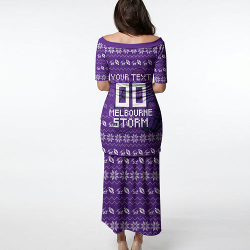 Personalized Melbourne Storm Christmas Puletasi Australian Rugby Fans - Pixelated Ugly Xmas Pattern Mascot Santa