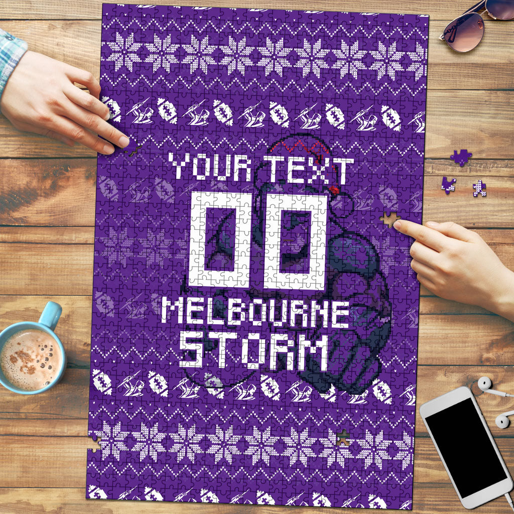 Personalized Melbourne Storm Christmas Puzzle Australian Rugby Fans - Pixelated Ugly Xmas Pattern Mascot Santa