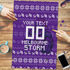 Personalized Melbourne Storm Christmas Puzzle Australian Rugby Fans - Pixelated Ugly Xmas Pattern Mascot Santa