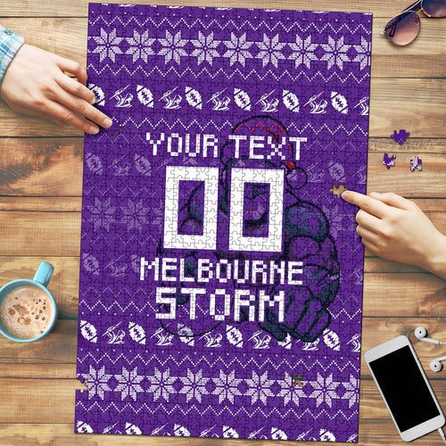 Personalized Melbourne Storm Christmas Puzzle Australian Rugby Fans - Pixelated Ugly Xmas Pattern Mascot Santa
