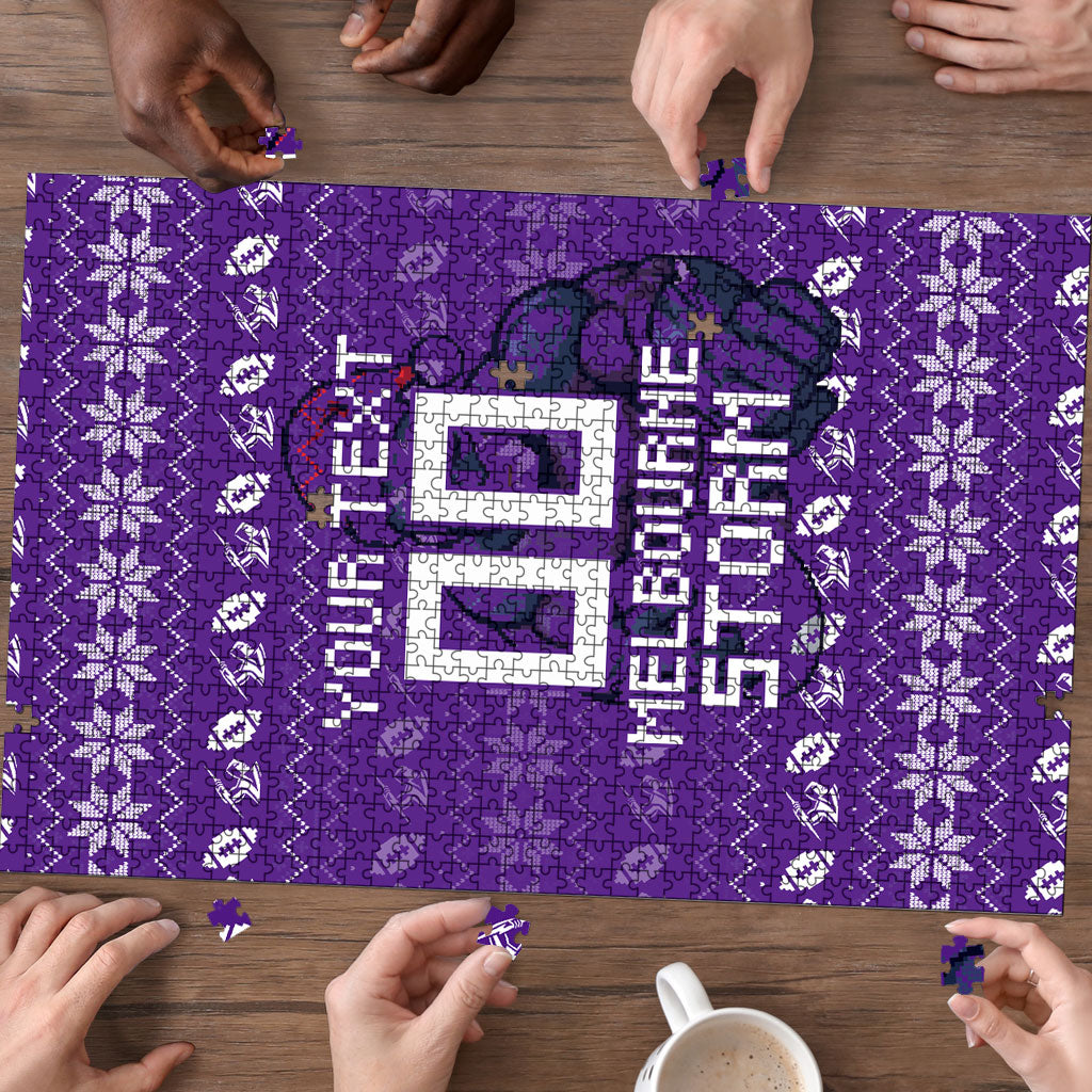 Personalized Melbourne Storm Christmas Puzzle Australian Rugby Fans - Pixelated Ugly Xmas Pattern Mascot Santa