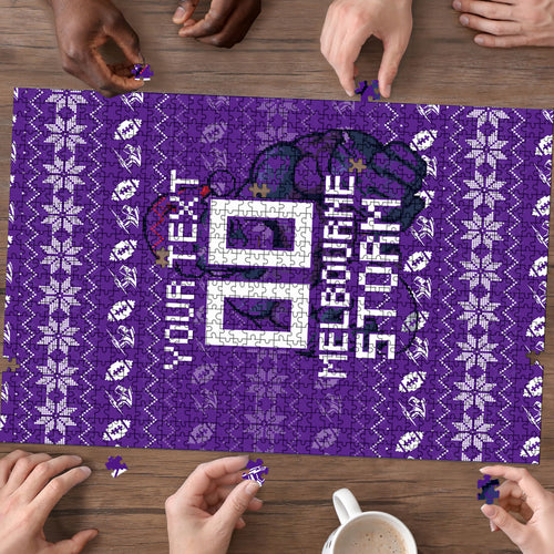 Personalized Melbourne Storm Christmas Puzzle Australian Rugby Fans - Pixelated Ugly Xmas Pattern Mascot Santa