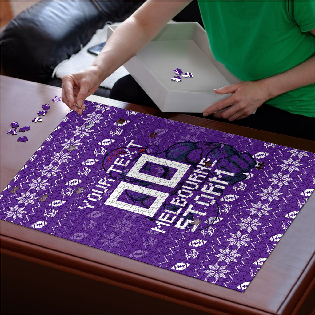 Personalized Melbourne Storm Christmas Puzzle Australian Rugby Fans - Pixelated Ugly Xmas Pattern Mascot Santa