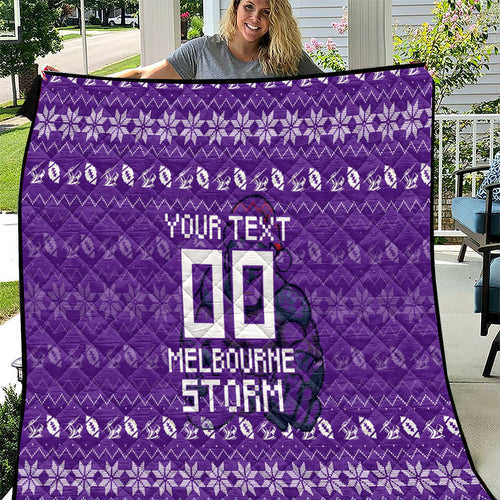 Personalized Melbourne Storm Christmas Quilt Australian Rugby Fans - Pixelated Ugly Xmas Pattern Mascot Santa