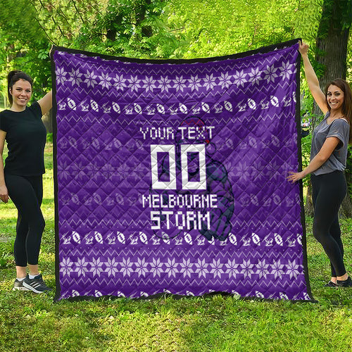 Personalized Melbourne Storm Christmas Quilt Australian Rugby Fans - Pixelated Ugly Xmas Pattern Mascot Santa