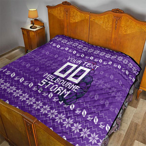 Personalized Melbourne Storm Christmas Quilt Australian Rugby Fans - Pixelated Ugly Xmas Pattern Mascot Santa