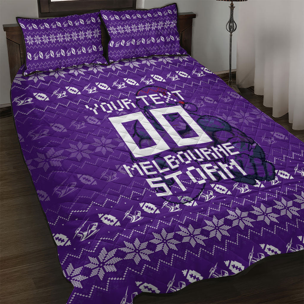 Personalized Melbourne Storm Christmas Quilt Bed Set Australian Rugby Fans - Pixelated Ugly Xmas Pattern Mascot Santa