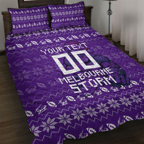 Personalized Melbourne Storm Christmas Quilt Bed Set Australian Rugby Fans - Pixelated Ugly Xmas Pattern Mascot Santa