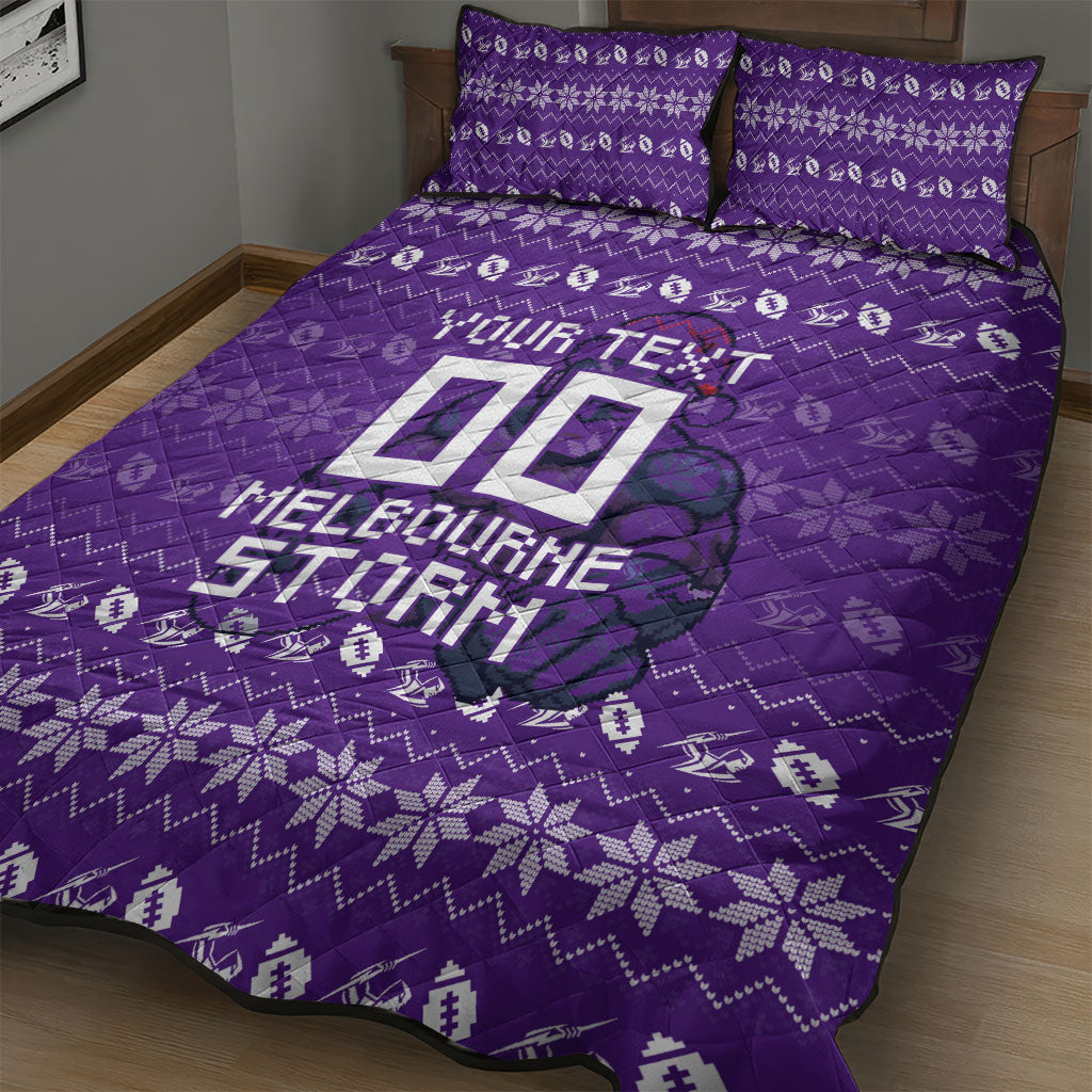Personalized Melbourne Storm Christmas Quilt Bed Set Australian Rugby Fans - Pixelated Ugly Xmas Pattern Mascot Santa