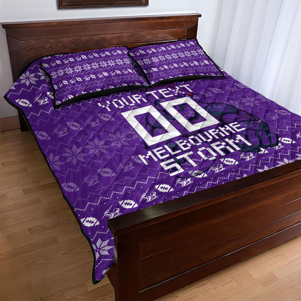 Personalized Melbourne Storm Christmas Quilt Bed Set Australian Rugby Fans - Pixelated Ugly Xmas Pattern Mascot Santa
