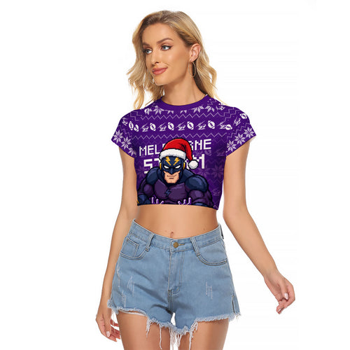 Personalized Melbourne Storm Christmas Raglan Cropped T Shirt Australian Rugby Fans - Pixelated Ugly Xmas Pattern Mascot Santa