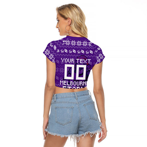 Personalized Melbourne Storm Christmas Raglan Cropped T Shirt Australian Rugby Fans - Pixelated Ugly Xmas Pattern Mascot Santa