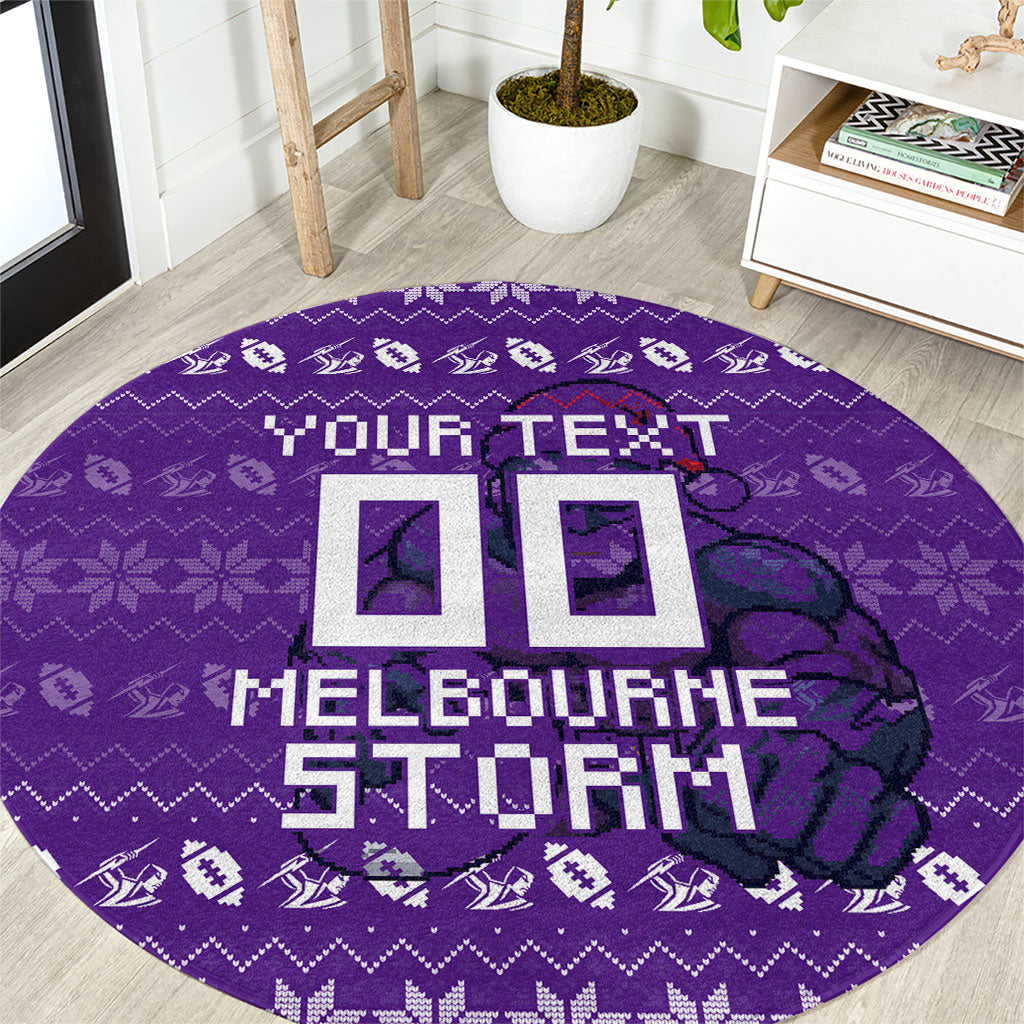Personalized Melbourne Storm Christmas Round Carpet Australian Rugby Fans - Pixelated Ugly Xmas Pattern Mascot Santa