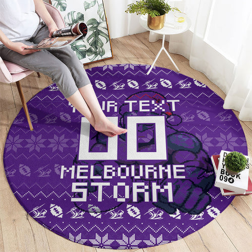 Personalized Melbourne Storm Christmas Round Carpet Australian Rugby Fans - Pixelated Ugly Xmas Pattern Mascot Santa