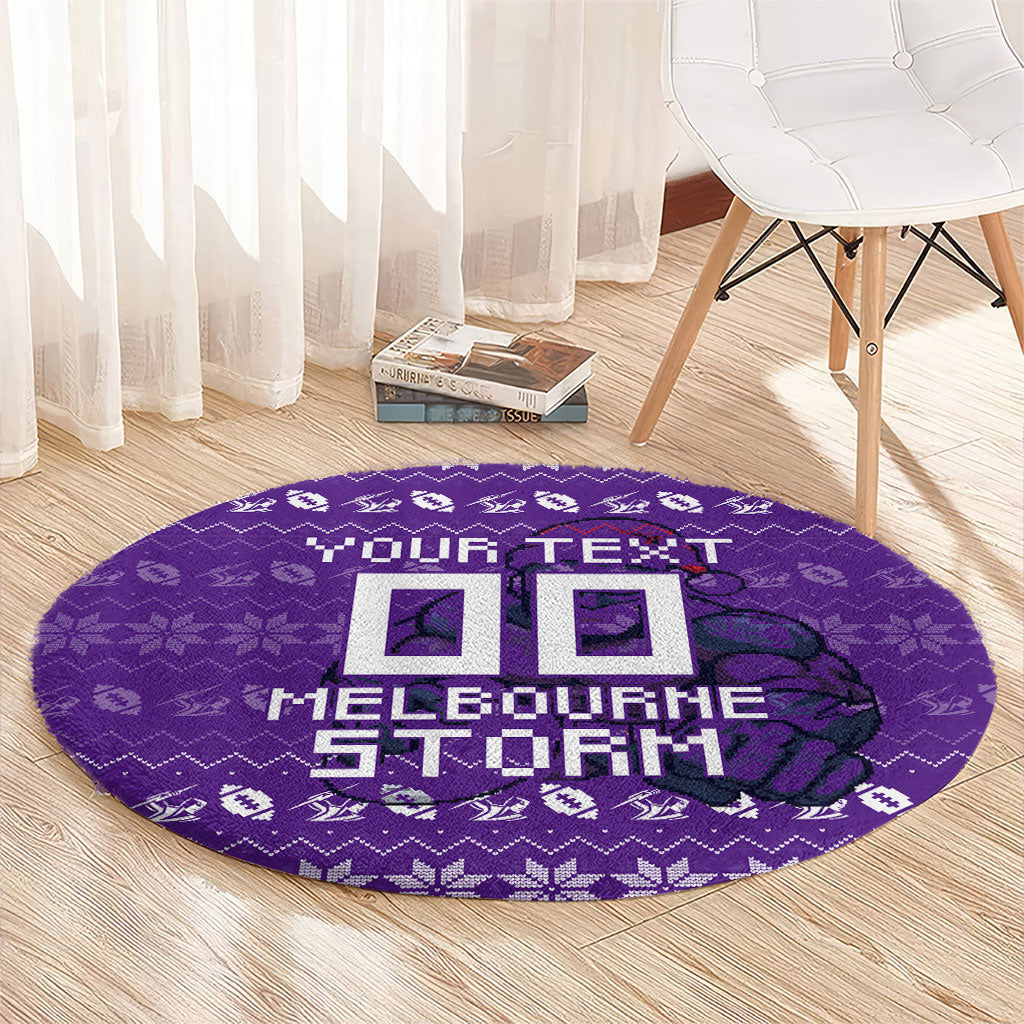 Personalized Melbourne Storm Christmas Round Carpet Australian Rugby Fans - Pixelated Ugly Xmas Pattern Mascot Santa