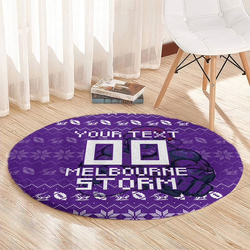 Personalized Melbourne Storm Christmas Round Carpet Australian Rugby Fans - Pixelated Ugly Xmas Pattern Mascot Santa