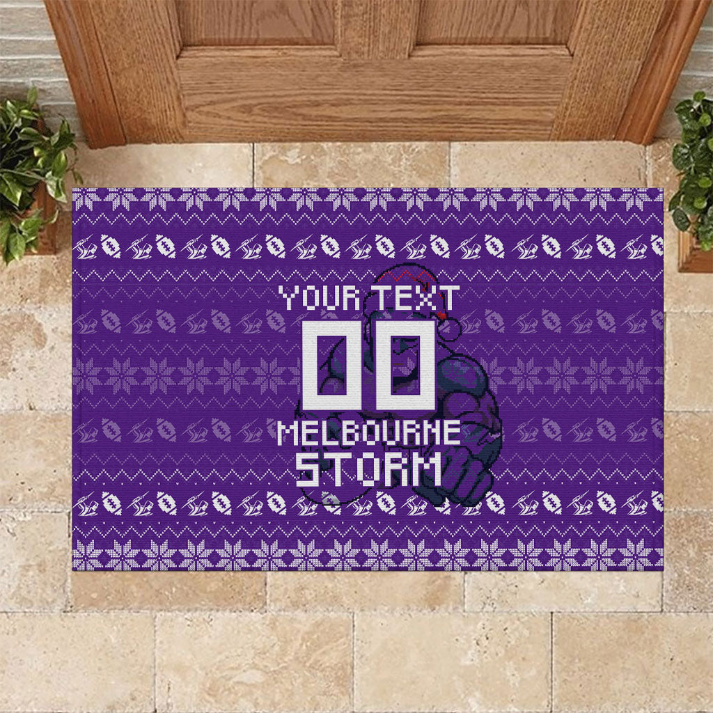 Personalized Melbourne Storm Christmas Rubber Doormat Australian Rugby Fans - Pixelated Ugly Xmas Pattern Mascot Santa