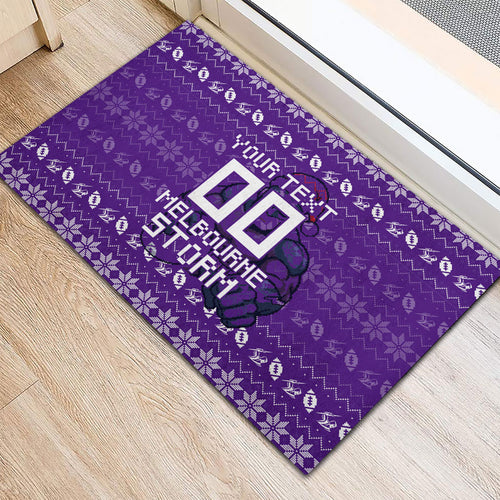 Personalized Melbourne Storm Christmas Rubber Doormat Australian Rugby Fans - Pixelated Ugly Xmas Pattern Mascot Santa