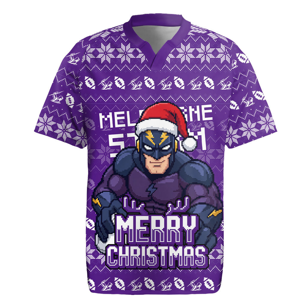 Personalized Melbourne Storm Christmas Rugby Jersey Australian Rugby Fans - Pixelated Ugly Xmas Pattern Mascot Santa