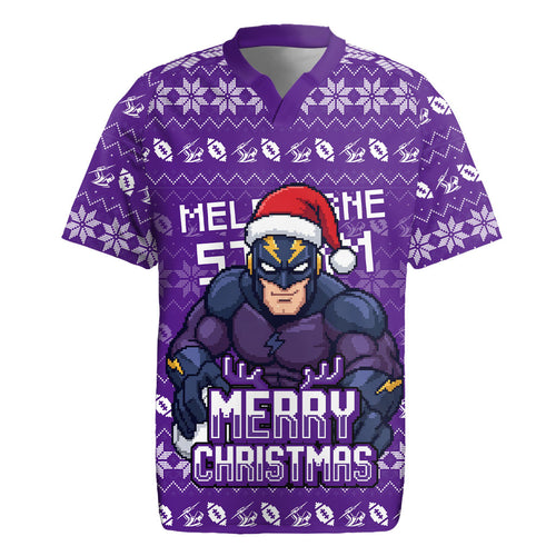Personalized Melbourne Storm Christmas Rugby Jersey Australian Rugby Fans - Pixelated Ugly Xmas Pattern Mascot Santa