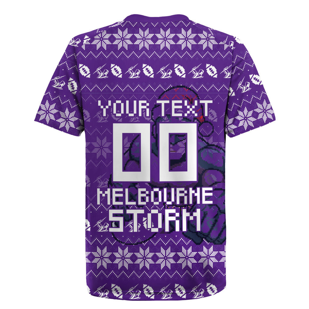 Personalized Melbourne Storm Christmas Rugby Jersey Australian Rugby Fans - Pixelated Ugly Xmas Pattern Mascot Santa