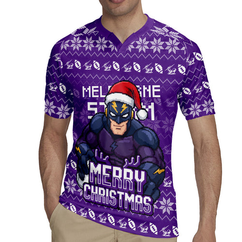 Personalized Melbourne Storm Christmas Rugby Jersey Australian Rugby Fans - Pixelated Ugly Xmas Pattern Mascot Santa