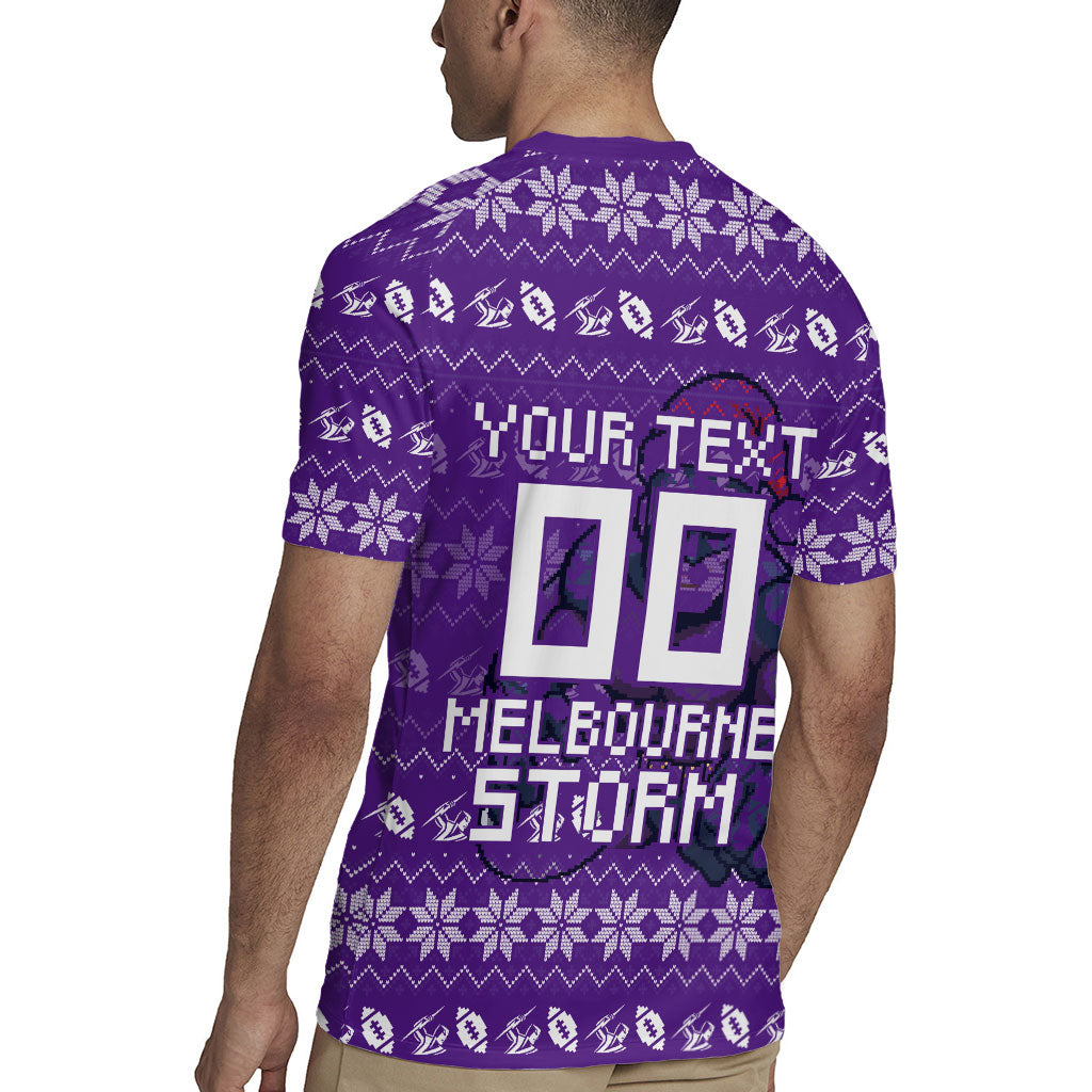 Personalized Melbourne Storm Christmas Rugby Jersey Australian Rugby Fans - Pixelated Ugly Xmas Pattern Mascot Santa