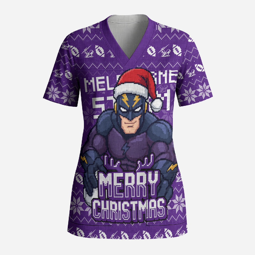 Personalized Melbourne Storm Christmas Scrub Top Australian Rugby Fans - Pixelated Ugly Xmas Pattern Mascot Santa