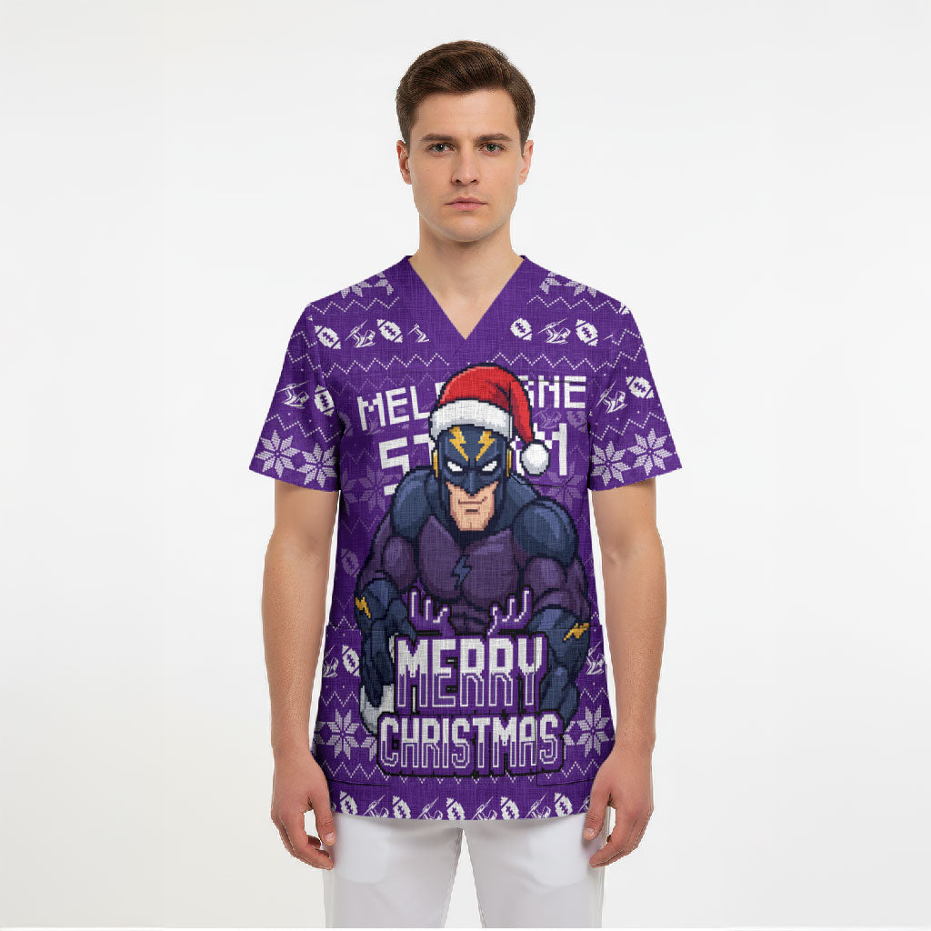 Personalized Melbourne Storm Christmas Scrub Top Australian Rugby Fans - Pixelated Ugly Xmas Pattern Mascot Santa