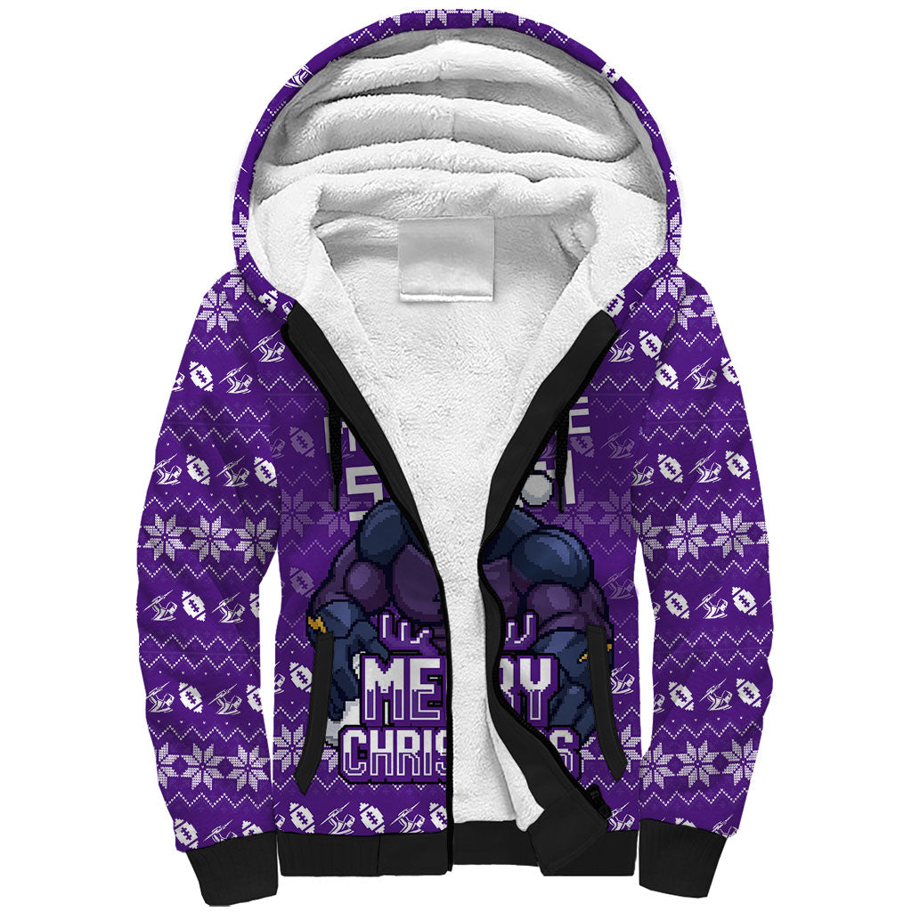 Personalized Melbourne Storm Christmas Sherpa Hoodie Australian Rugby Fans - Pixelated Ugly Xmas Pattern Mascot Santa