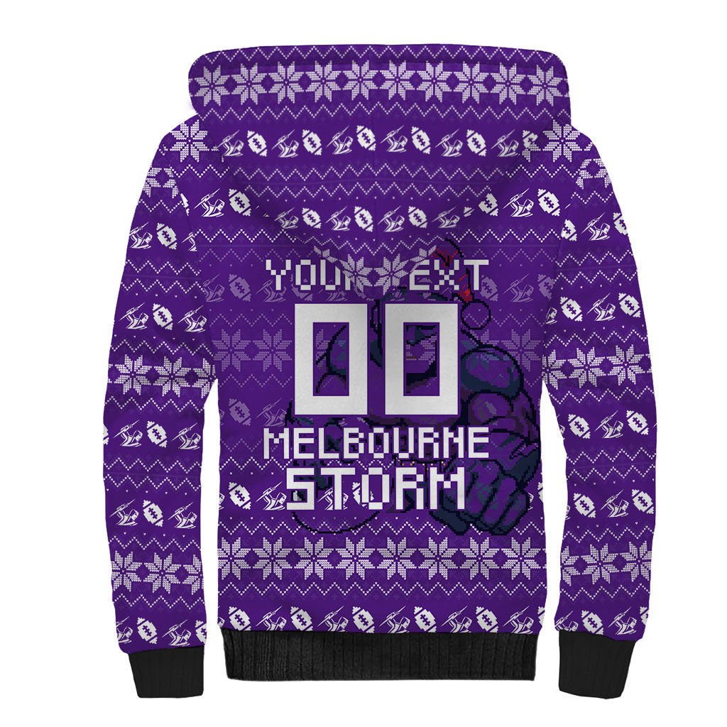Personalized Melbourne Storm Christmas Sherpa Hoodie Australian Rugby Fans - Pixelated Ugly Xmas Pattern Mascot Santa