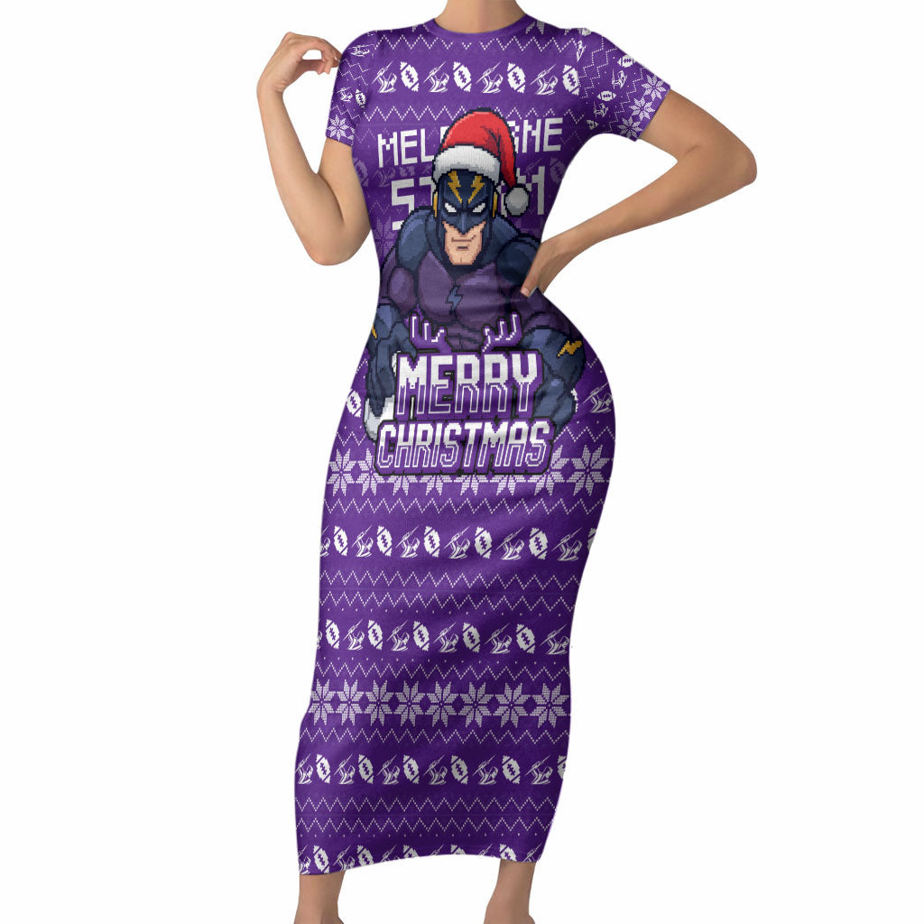 Personalized Melbourne Storm Christmas Short Sleeve Bodycon Dress Australian Rugby Fans - Pixelated Ugly Xmas Pattern Mascot Santa