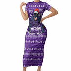 Personalized Melbourne Storm Christmas Short Sleeve Bodycon Dress Australian Rugby Fans - Pixelated Ugly Xmas Pattern Mascot Santa