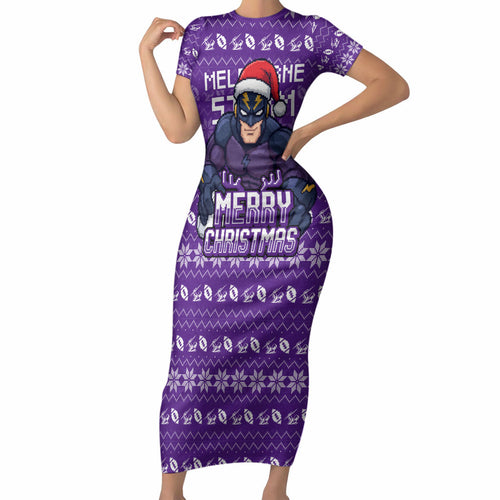 Personalized Melbourne Storm Christmas Short Sleeve Bodycon Dress Australian Rugby Fans - Pixelated Ugly Xmas Pattern Mascot Santa