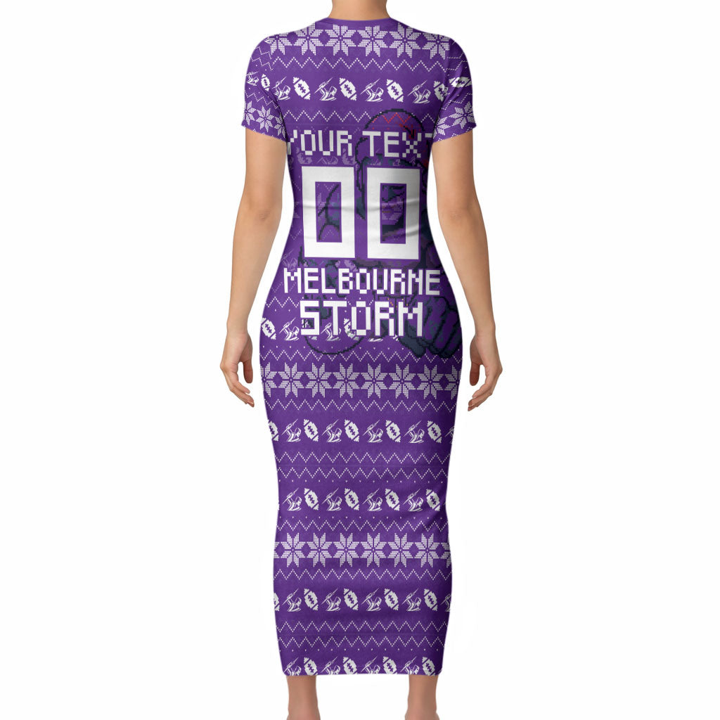 Personalized Melbourne Storm Christmas Short Sleeve Bodycon Dress Australian Rugby Fans - Pixelated Ugly Xmas Pattern Mascot Santa