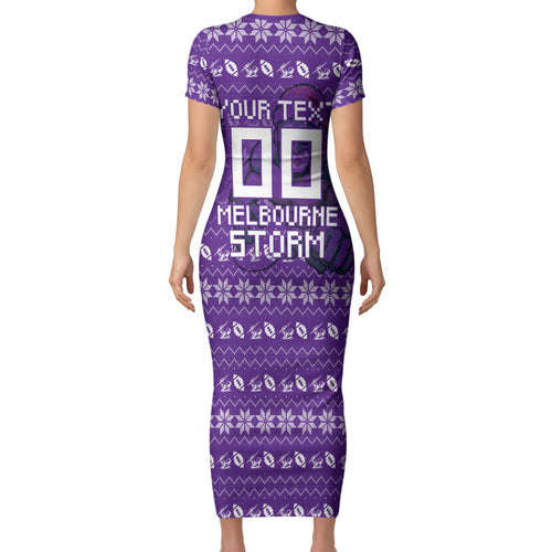 Personalized Melbourne Storm Christmas Short Sleeve Bodycon Dress Australian Rugby Fans - Pixelated Ugly Xmas Pattern Mascot Santa