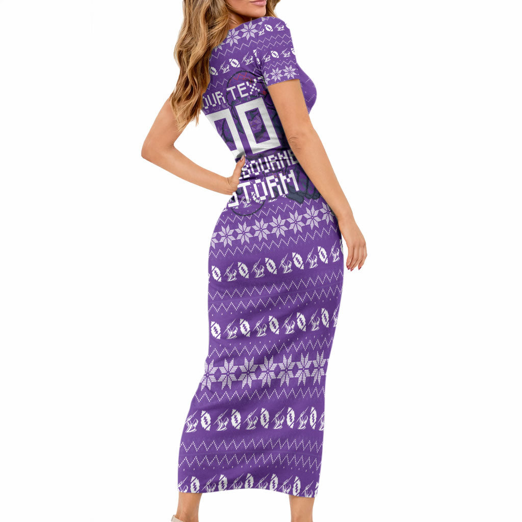 Personalized Melbourne Storm Christmas Short Sleeve Bodycon Dress Australian Rugby Fans - Pixelated Ugly Xmas Pattern Mascot Santa