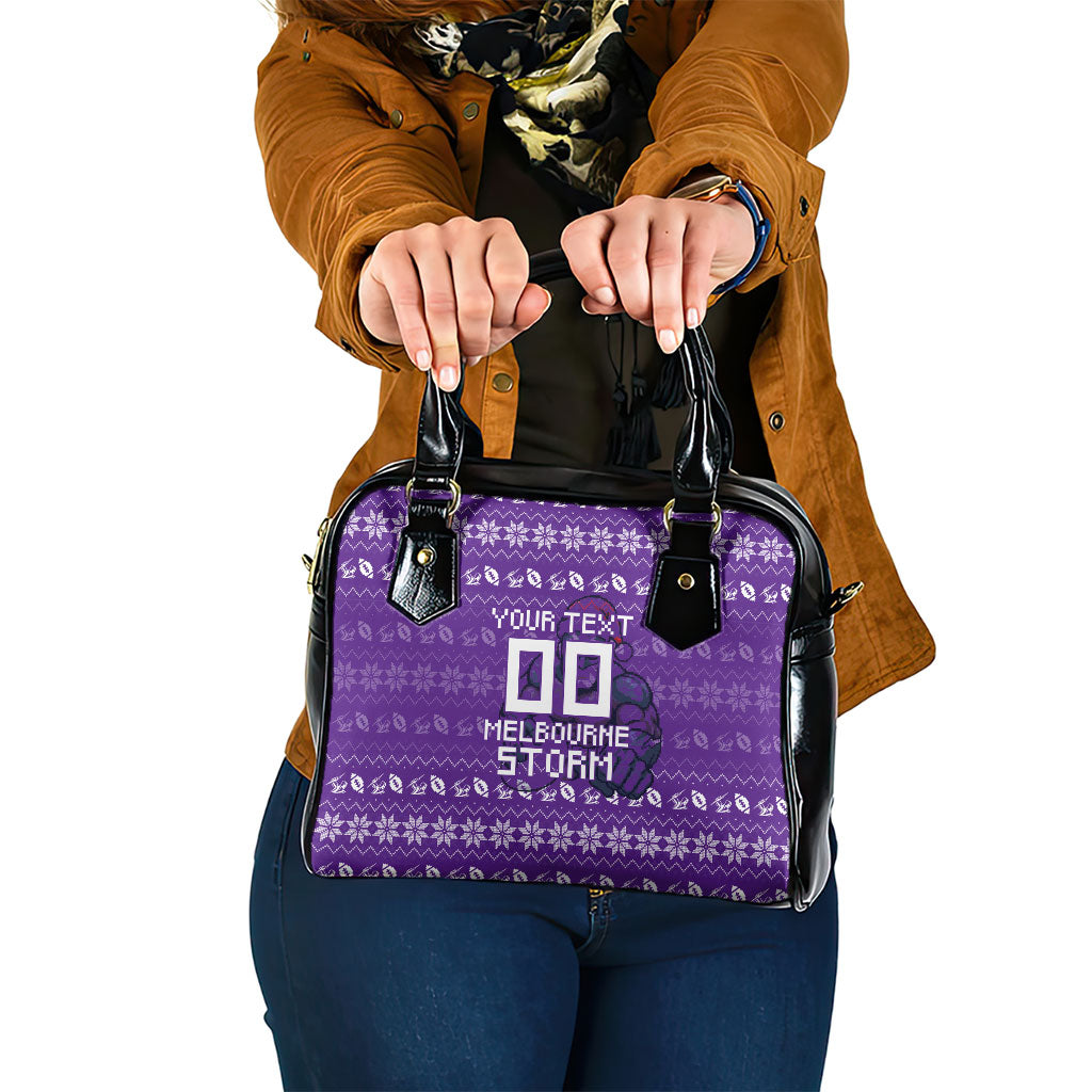 Personalized Melbourne Storm Christmas Shoulder Handbag Australian Rugby Fans - Pixelated Ugly Xmas Pattern Mascot Santa