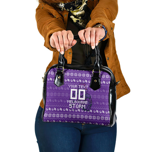 Personalized Melbourne Storm Christmas Shoulder Handbag Australian Rugby Fans - Pixelated Ugly Xmas Pattern Mascot Santa