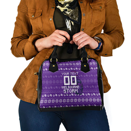 Personalized Melbourne Storm Christmas Shoulder Handbag Australian Rugby Fans - Pixelated Ugly Xmas Pattern Mascot Santa